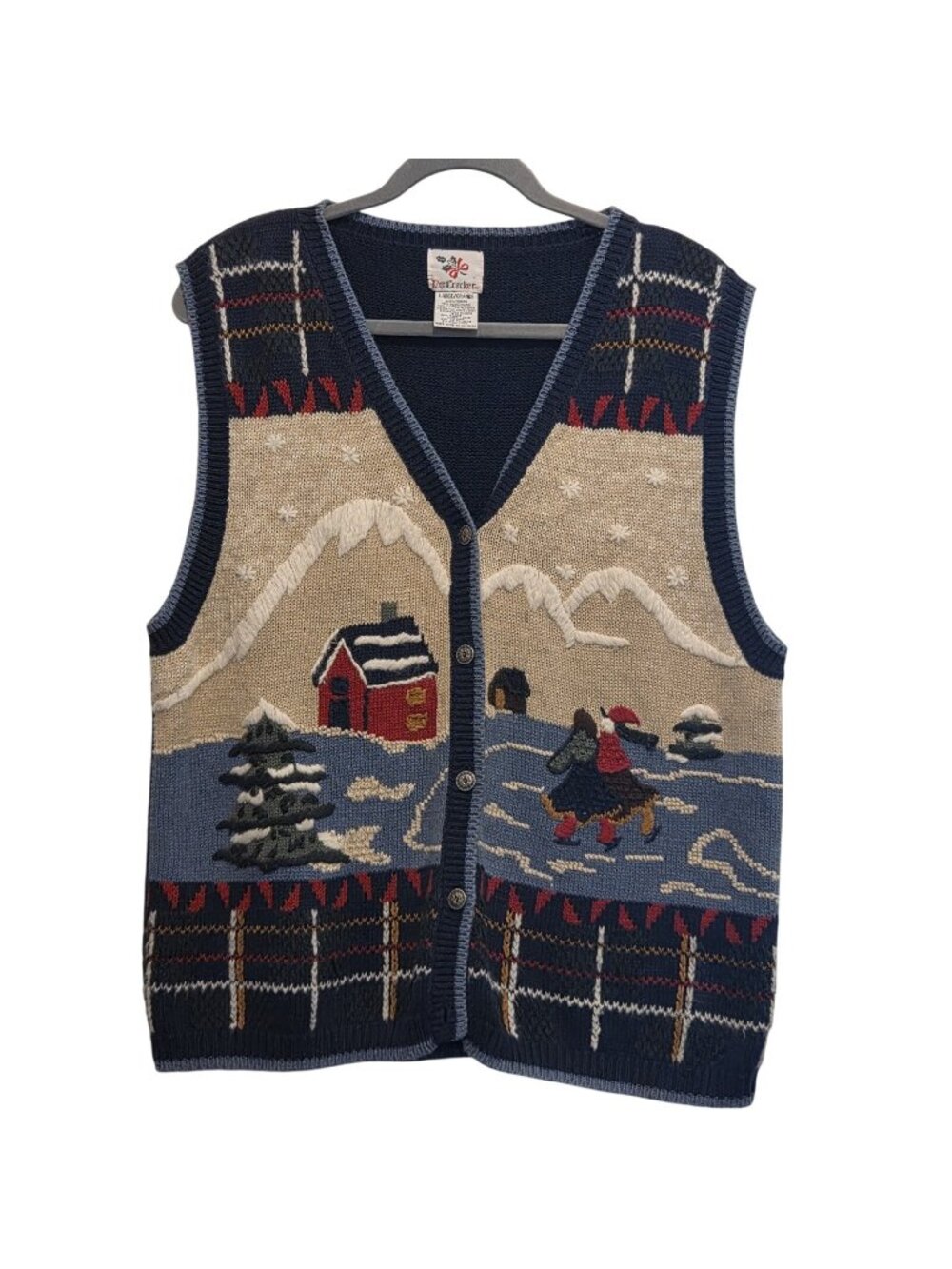 Nutcracker Vintage Sweater Vest Ice Skating Snowy House Winter Scene Large